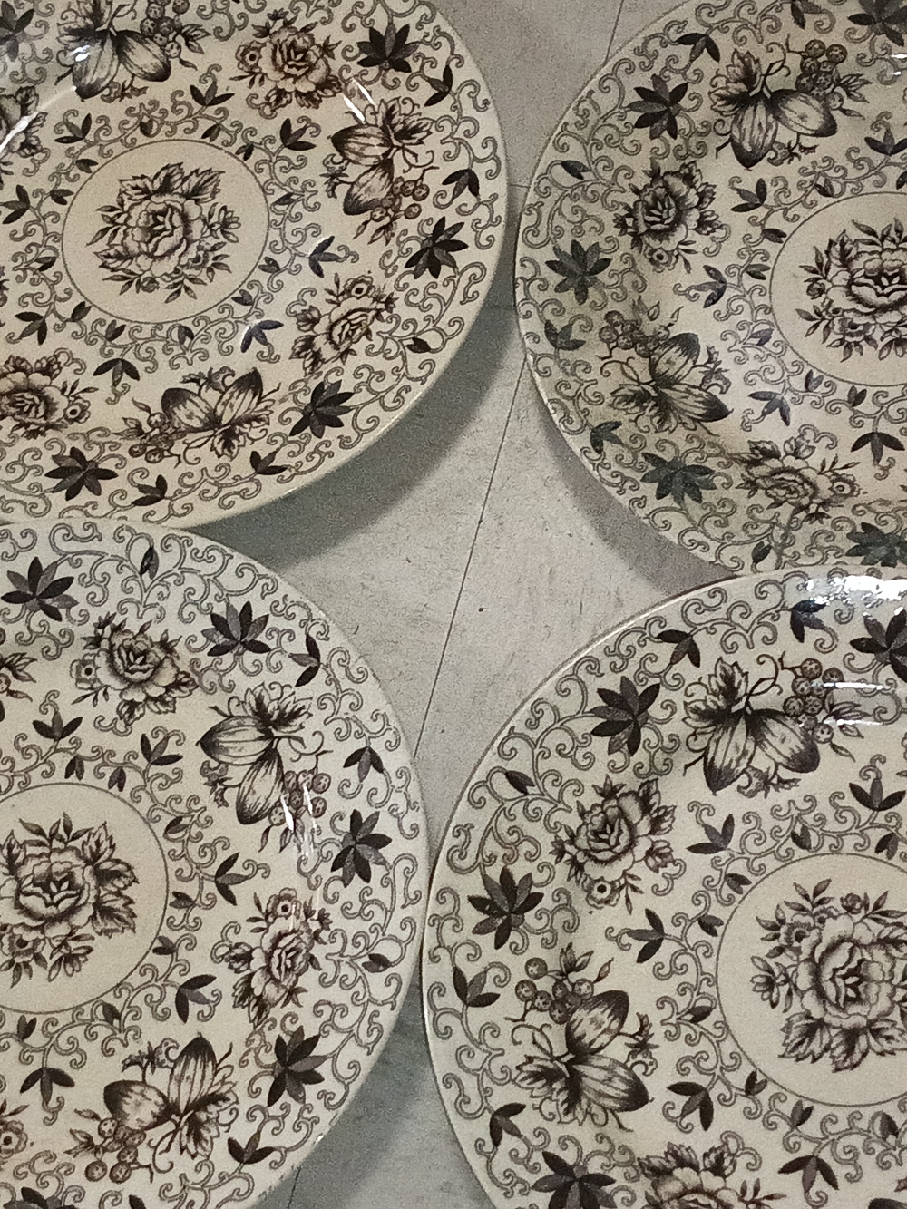 Floral Transferware Dinner Plates — Brown on Cream (Set of 4)
